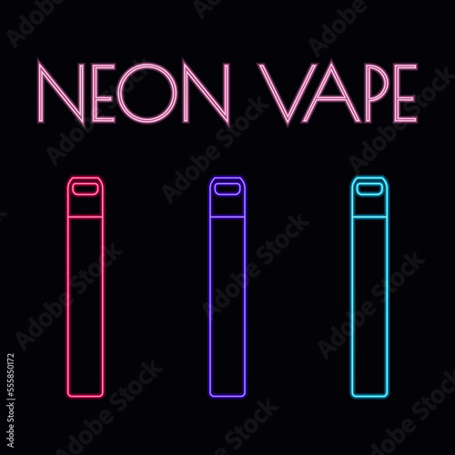 Neon electronic cigarettes set. E-cigarette for vaping. Equipment for smoking. Disposable electronic cigarettes. Vape mods. Neon advertising signboard. Night glowing banner.