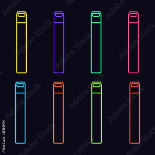 Neon electronic cigarettes set. E-cigarette for vaping. Equipment for smoking. Disposable electronic cigarettes. Vape mods. Neon advertising signboard. Night glowing banner.