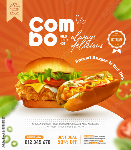 Fried chicken burger and hot dog ads social media post or print template