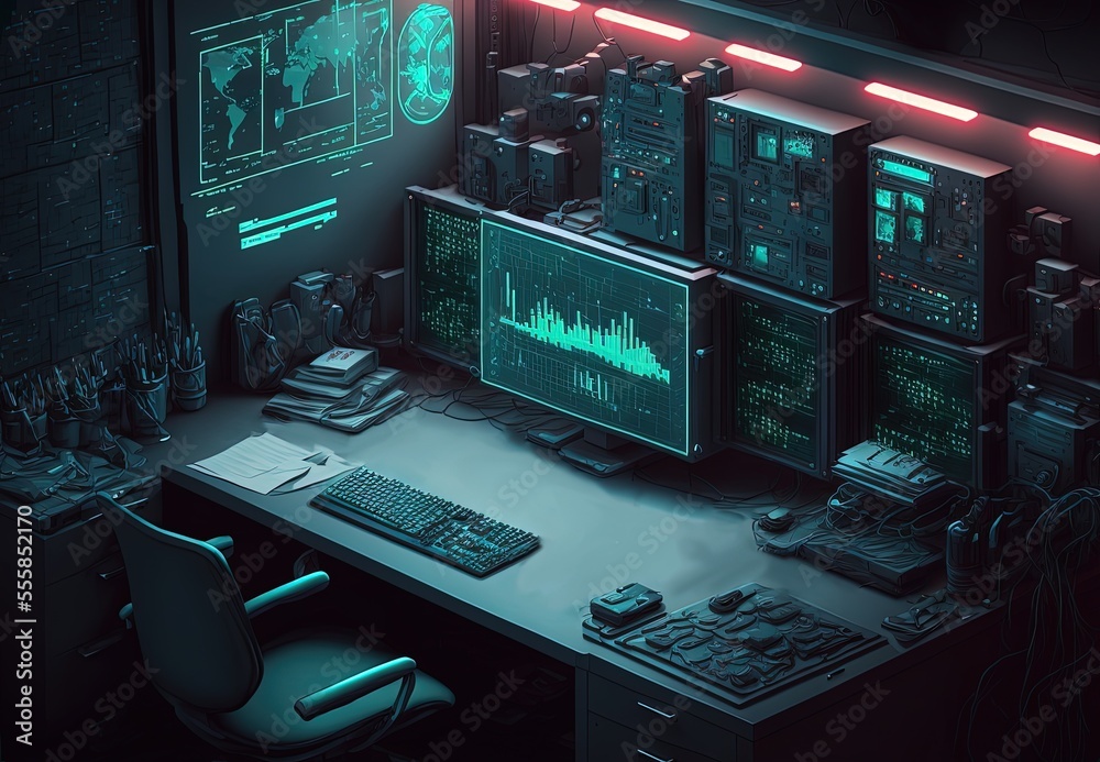 Illustration of computer desk, idea in theme of cyber security guard or system analysis Illustration of computer desk, idea in theme of cyber security guard or system analysis