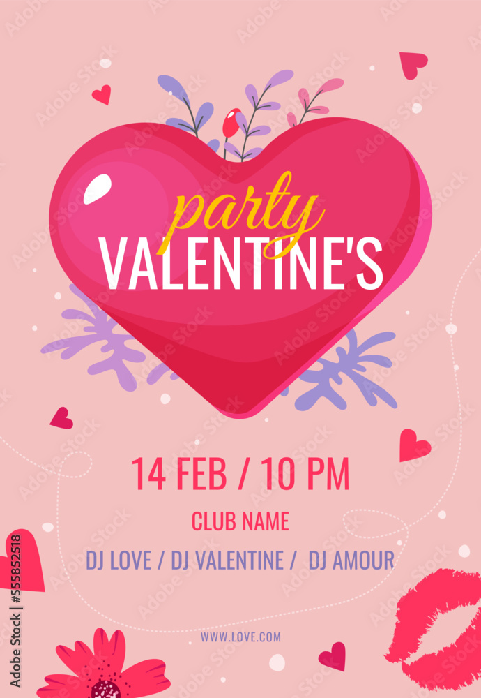 valentines day party poster on pink background with hearts and illustration of heart and twigs with leaves
