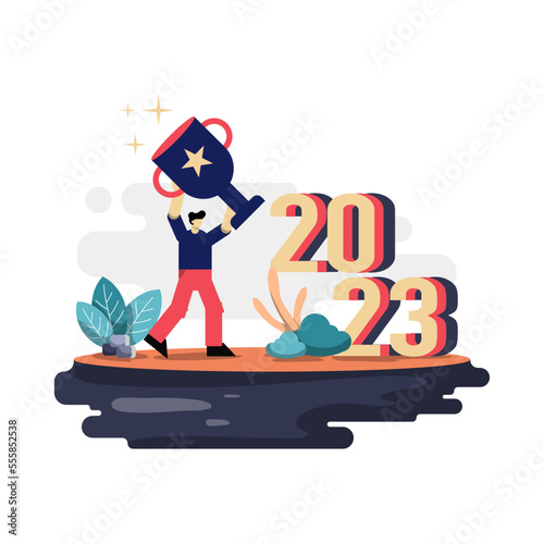 winner in new year 2023 flat illustration, concept of man carrying trophy for victory in next year. suitable for web and mobile app design