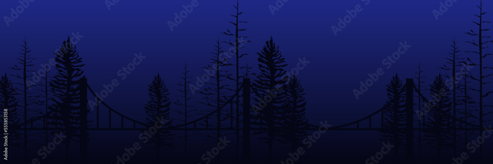 Pine tree and bridge silhouette flat design vector illustration good for web banner, ads banner, tourism banner, wallpaper, background template, and adventure design backdrop Pine tree and bridge silhouette flat design vector illustration good for web banner, ads banner, tourism banner, wallpaper, background template, and adventure design backdrop
