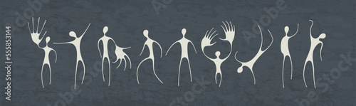 Minimalistic figures in the style of rock art. Set of silhouettes of people in different poses and actions. Vector graphic