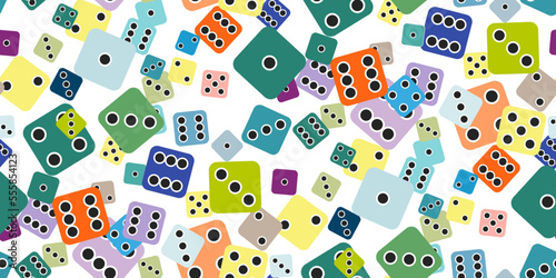 Gambling game dice. Seamless pattern of flat gaming poker cubes with black dots on color . Object to play in casino, dice from one to six dots with random numbers. Fortune concept. Vector illustration