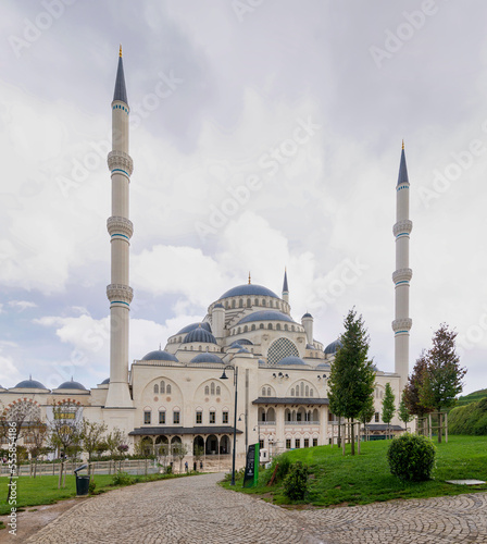 Grand Camlia Mosque, or Buyuk Camlica Camii, a modern complex for Islamic worship, built in 2019, located in Camlica hill in Uskudar district, Istanbul, Turkey, in a summer day photo