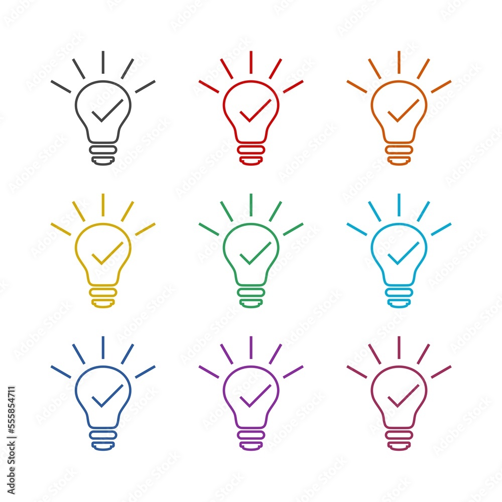 Check Mark In Light Bulb icon isolated on white background. Set icons colorful Check Mark In Light Bulb icon isolated on white background. Set icons colorful