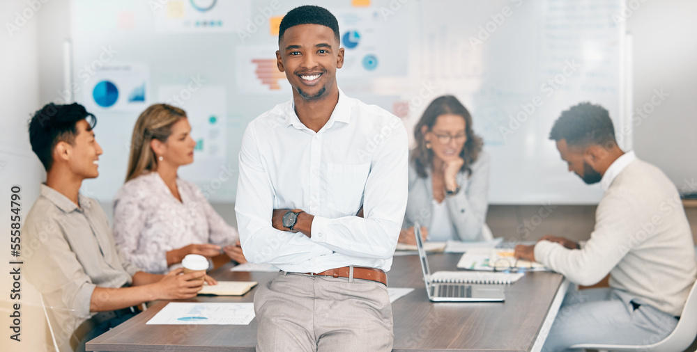 Fototapeta premium Corporate black man, team leader and smile at business meeting, planning and financial strategy in office. African businessman, happy leadership and budget meeting with business people for accounting