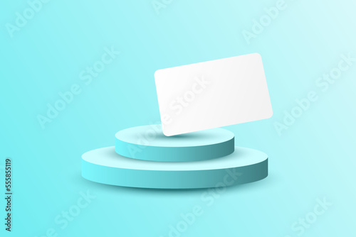 business card on podium blue background mockup paper white template cover display floor design