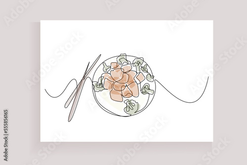 asian traditional food line drawing minimalist art menu presentation concept. famous chinese japanese korean food cuisine. Top view, copy space.