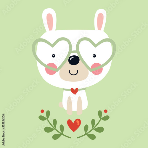 Illustration of a stuffed rabbit with heart shaped glasses standing above some leaves and a heart