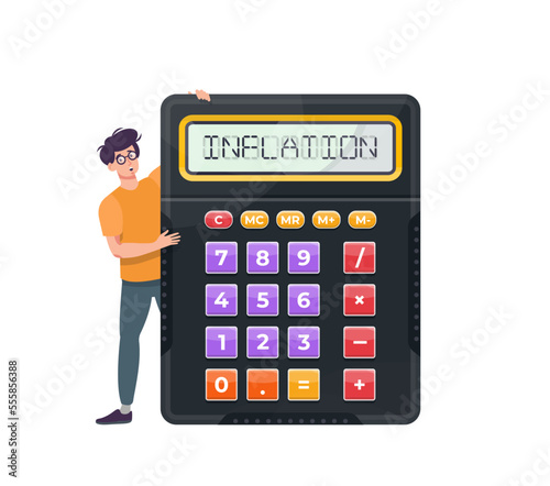 Inflation concept. Man standing with a calculator. Price growth. Financial crisis. Flat vector illustration.