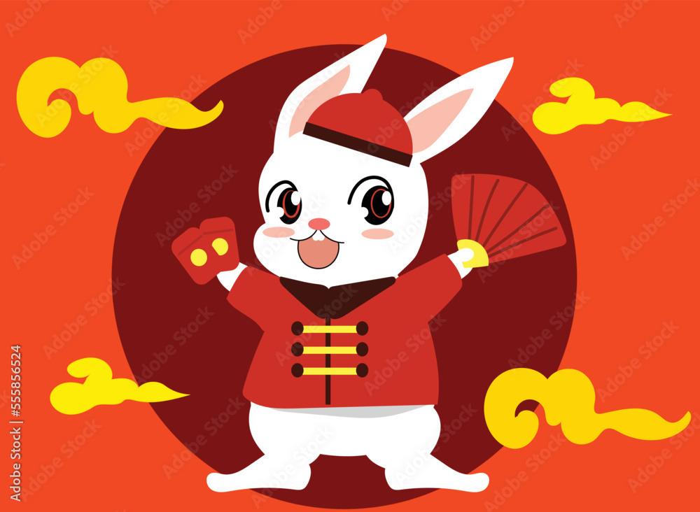 Chinese zodiac rabbit holding a red fan and a red packet.