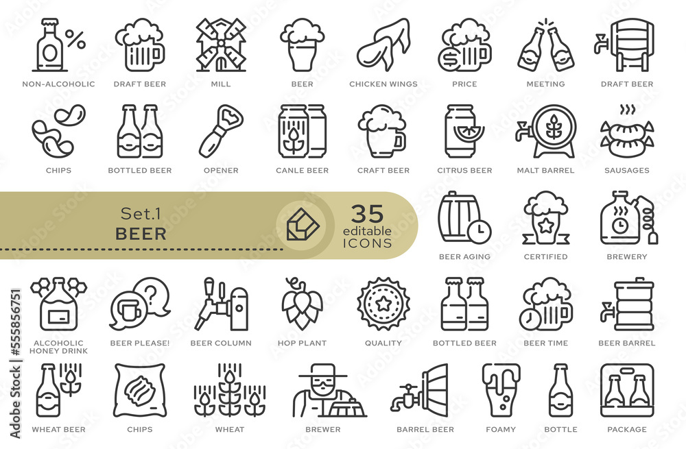 Set of conceptual icons. Vector icons in flat linear style for web sites, applications and other graphic resources. Set from the series - Beer. Editable outline icon.	
