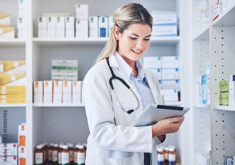 Pharmacy, tablet and pharmacist with checklist, research or online prescription in drug store. Medicine, medical and woman with medication inventory on a mobile device in chemist or clinic dispensary