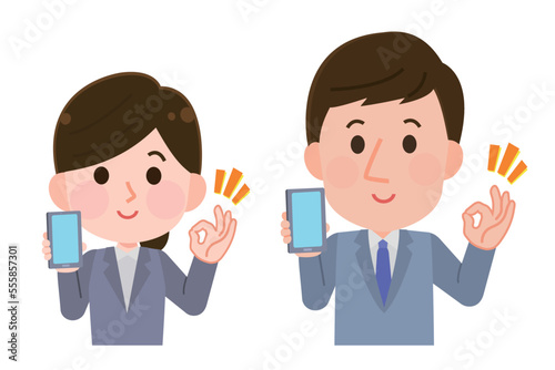 携帯電話を持ってOKサインをする会社員男性と女性　イラスト