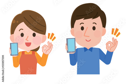 携帯電話を持ってOKサインをする男性と女性　イラスト