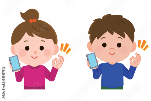 携帯電話を持ってOKサインをする男の子と女の子　イラスト