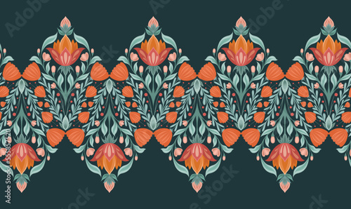 Vector horizontal seamless border with folk art floral rhombus composition on dark green background. Botanical lace frieze