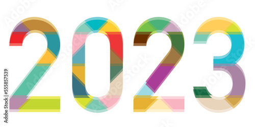 Happy New Year 2023 colorful blurred calligraphy punchy design. Greeting card template.