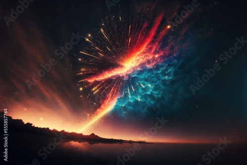 exploding fireworks in night sky, generative ai composite