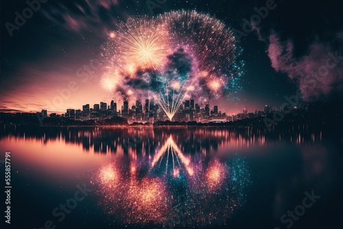 city scape fireworks, generative ai composite
