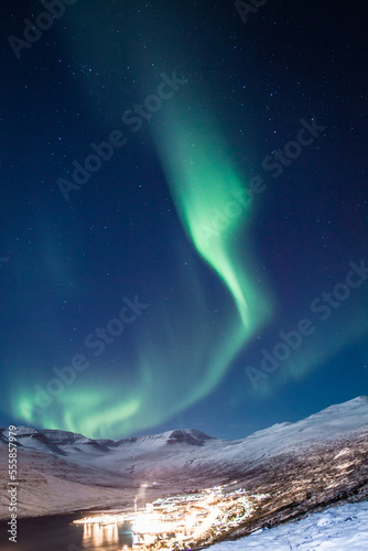 Aurora borealis over night village landscape photo. Beautiful nature scenery photography with sky on background. Idyllic scene. High quality picture for wallpaper, travel blog, magazine, article
