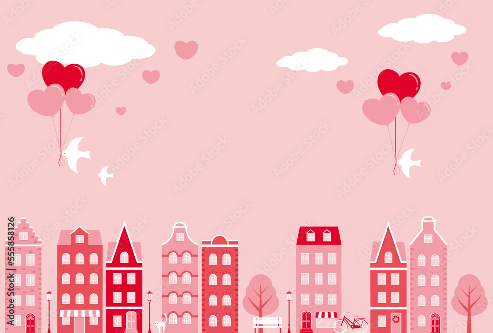 valentine’s day vector background with city landscape with houses and heart balloons for banners, cards, flyers, social media wallpapers, etc.