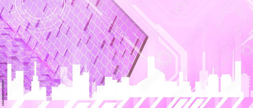 Abstract Background. Futuristic Cyber City and Metaverse technology with Innovation digital and Internet connection network data concept on purple . innovative, software, copy space -3d Rendering