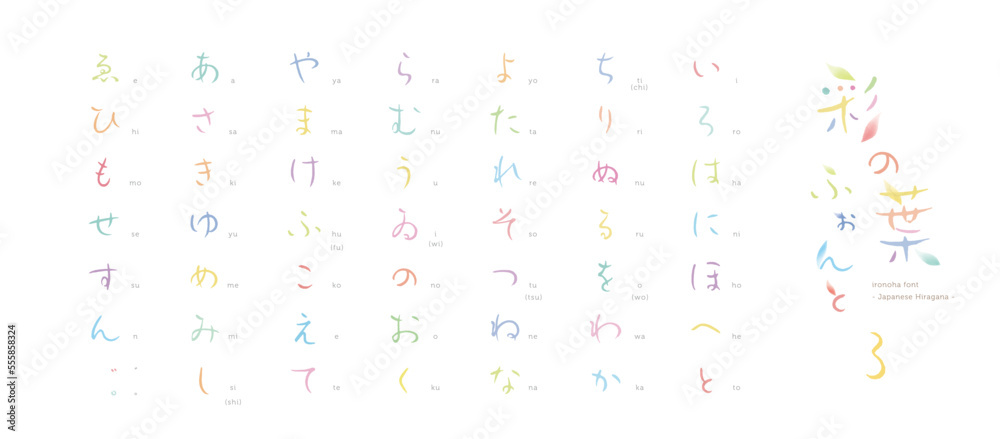 彩の葉フォント３　Ironoha font #3　- Japanese Hiragana - 　葉のイラストのないカラフルな文字 - obrazy, fototapety, plakaty 