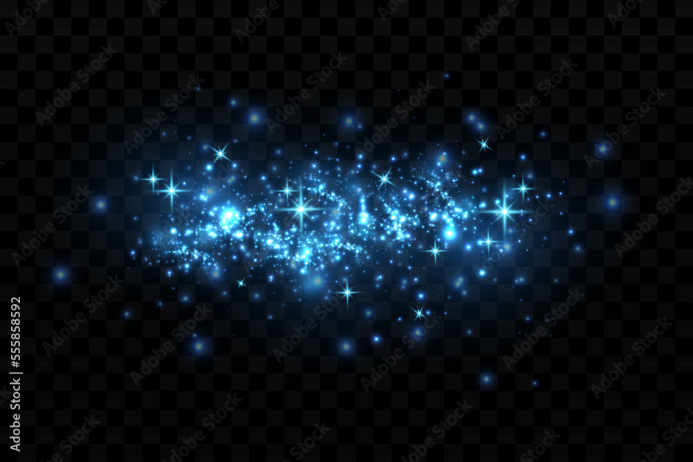 Particles of blue magic dust. Shining particles of light. Particles of Christmas glitter. Light effect on a transparent background.