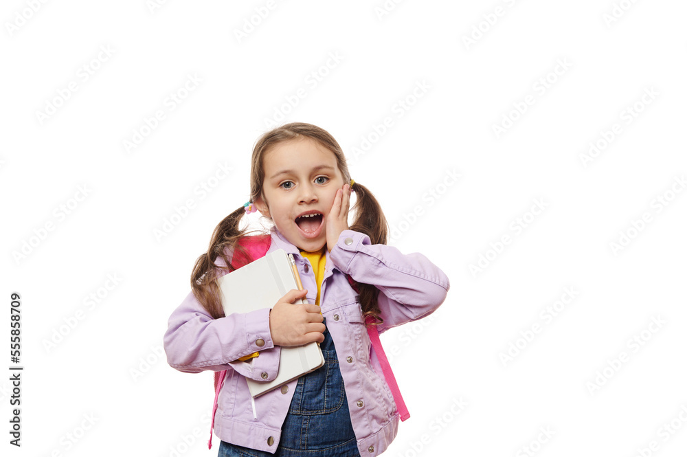 Surprised Caucasian little girl with two ponytails, a first grade student with wow emotions, expressing surprise and positive emotion, posing with open mouth, looking at camera, on white background Surprised Caucasian little girl with two ponytails, a first grade student with wow emotions, expressing surprise and positive emotion, posing with open mouth, looking at camera, on white background