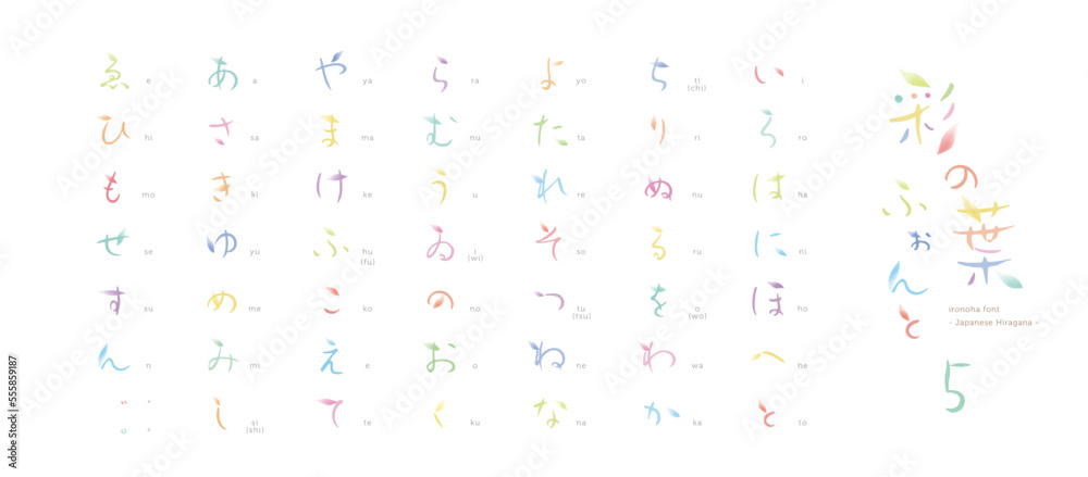 彩の葉フォント５　Ironoha font #5　- Japanese Hiragana - 　葉のイラストとカラフルな文字