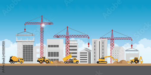 Construction of big building dormitory area.Under construction Building work process with construction machines. Vector illustration.