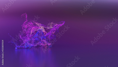 3d render of abstract art 3d background with surreal motion moving festive wavy party balls sphere particles liquid substance in blue purple yellow gradient color