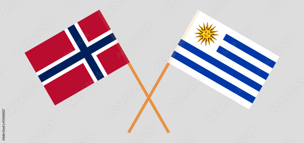 Crossed flags of Norway and Uruguay. Official colors. Correct proportion