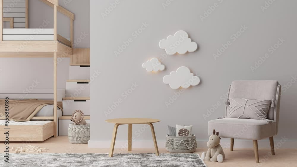Kids room interior in contemporary, Scandinavian style. Modern childrens room interior design, planning. Wooden bed, armchair, rattan basket, toys. Cozy room for child. Interior designer. 3D animation