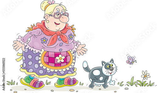 Funny elderly fat housewife walking with her fattened domestic cat around a yard, vector cartoon illustration isolated on a white background