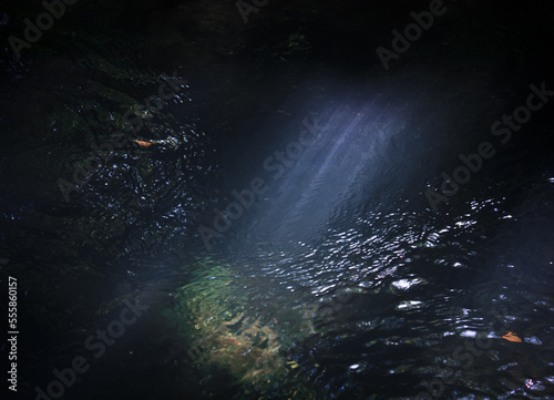 Close up sunbeam falling into running creek concept photo. Clear water. Side view photography with dark rock on background. High quality picture for wallpaper, travel blog, magazine, article