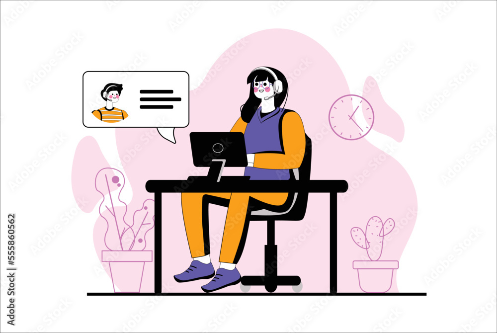 Support purple concept with people scene in the flat cartoon style. Support worker helps the client to solve his problems. Vector illustration.