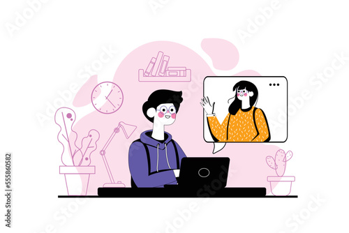 Video connection purple concept with people scene in the flat cartoon design. Guy communicates with his girlfriend via video chat. Vector illustration.
