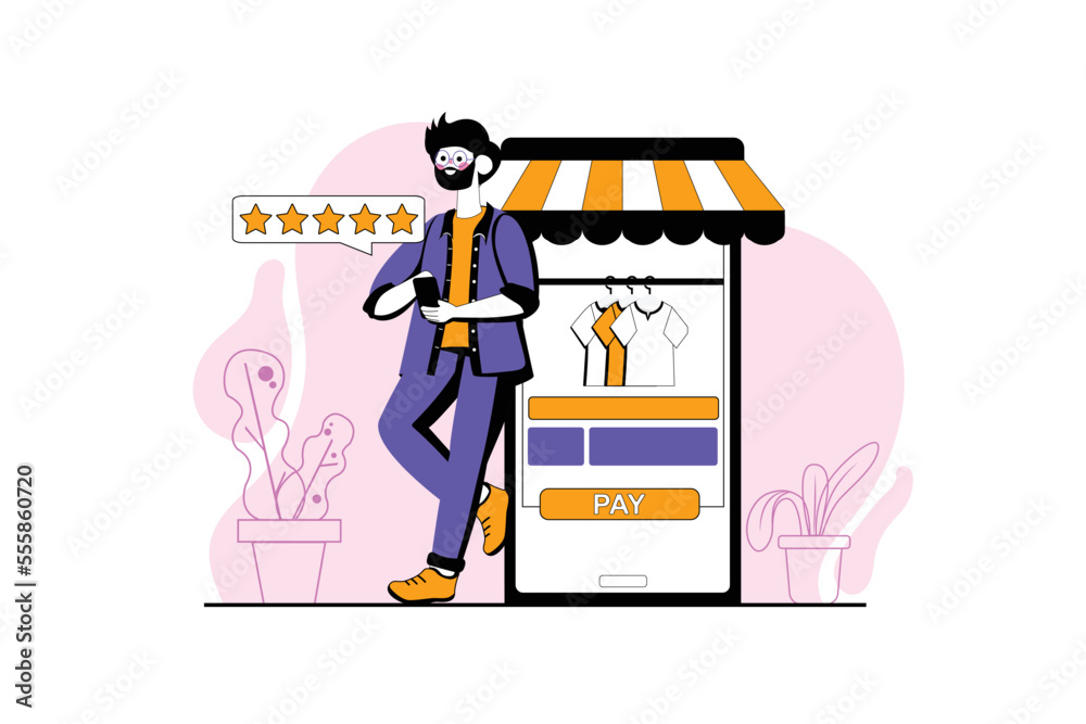 Satisfied customer purple concept with people scene in the flat cartoon design. Man gave the best review on the store's website. Vector illustration. Satisfied customer purple concept with people scene in the flat cartoon design. Man gave the best review on the store's website. Vector illustration.