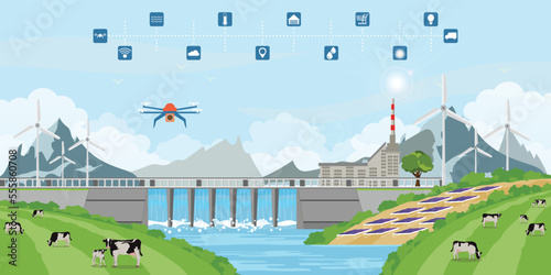 Smart farm.Agricultural drones for control agricultural production, processing and logistic center for growing vegetables, vector illustration.