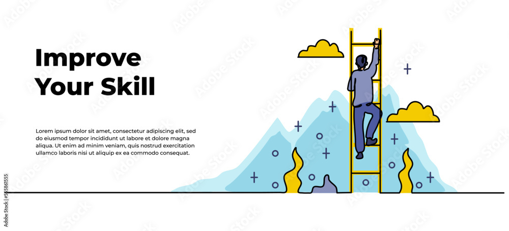 Vector illustration of self development. A man climbing ladder, ambition reach dream. Modern flat in continuous line style.