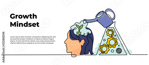 Vector illustration of self development. Gear works watering plants on head, symbol of mental health. Modern flat in continuous line style.