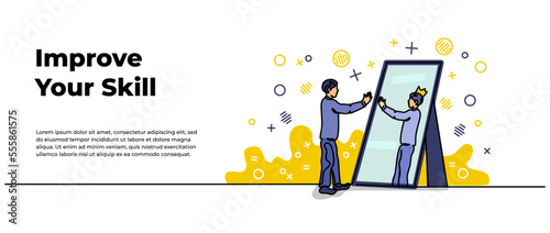 Vector illustration of self development. A man standing in front of mirror imagining himself successful. Modern flat in continuous line style.
