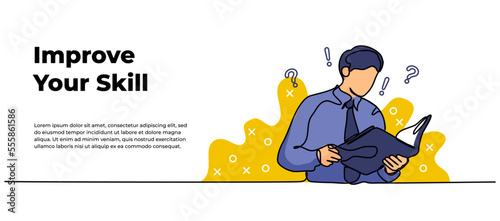 Vector illustration of self development. A man in a tie opening a book, analyze new information. Modern flat in continuous line style.