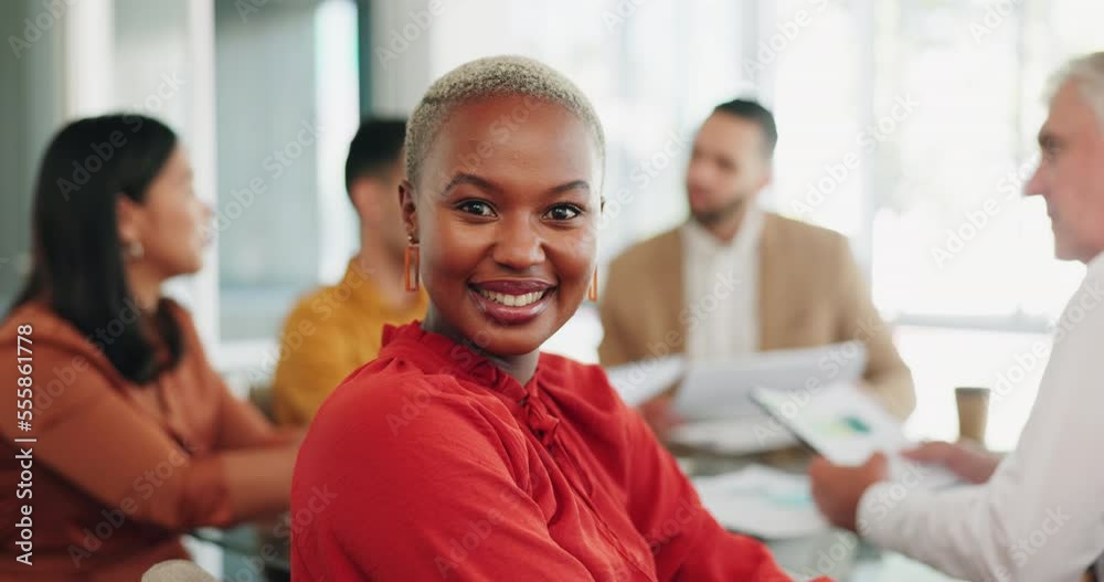 Face, leadership and black woman in meeting in office for marketing, advertising or sales strategy. Ceo, boss and proud female entrepreneur, leader or manager with vision, mission and success mindset Face, leadership and black woman in meeting in office for marketing, advertising or sales strategy. Ceo, boss and proud female entrepreneur, leader or manager with vision, mission and success mindset