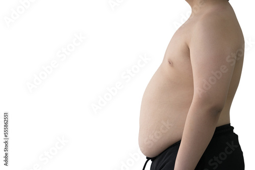 Asian fat boy side view. Concepts children's health problems, obese pathogenic, overweight, thick stomach, excess fat, unhealthy. Model shirtless, isolated white background, copy space, clipping path.