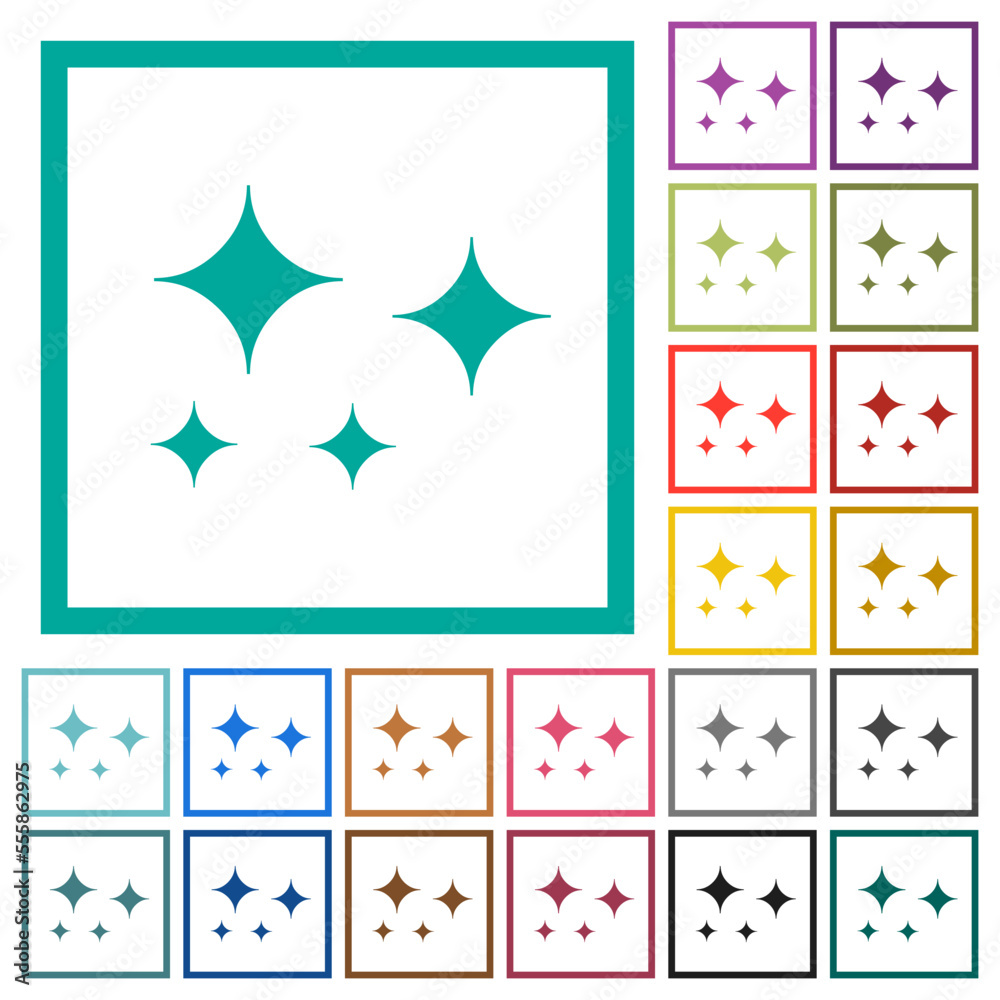 Glare stars solid flat color icons with quadrant frames
